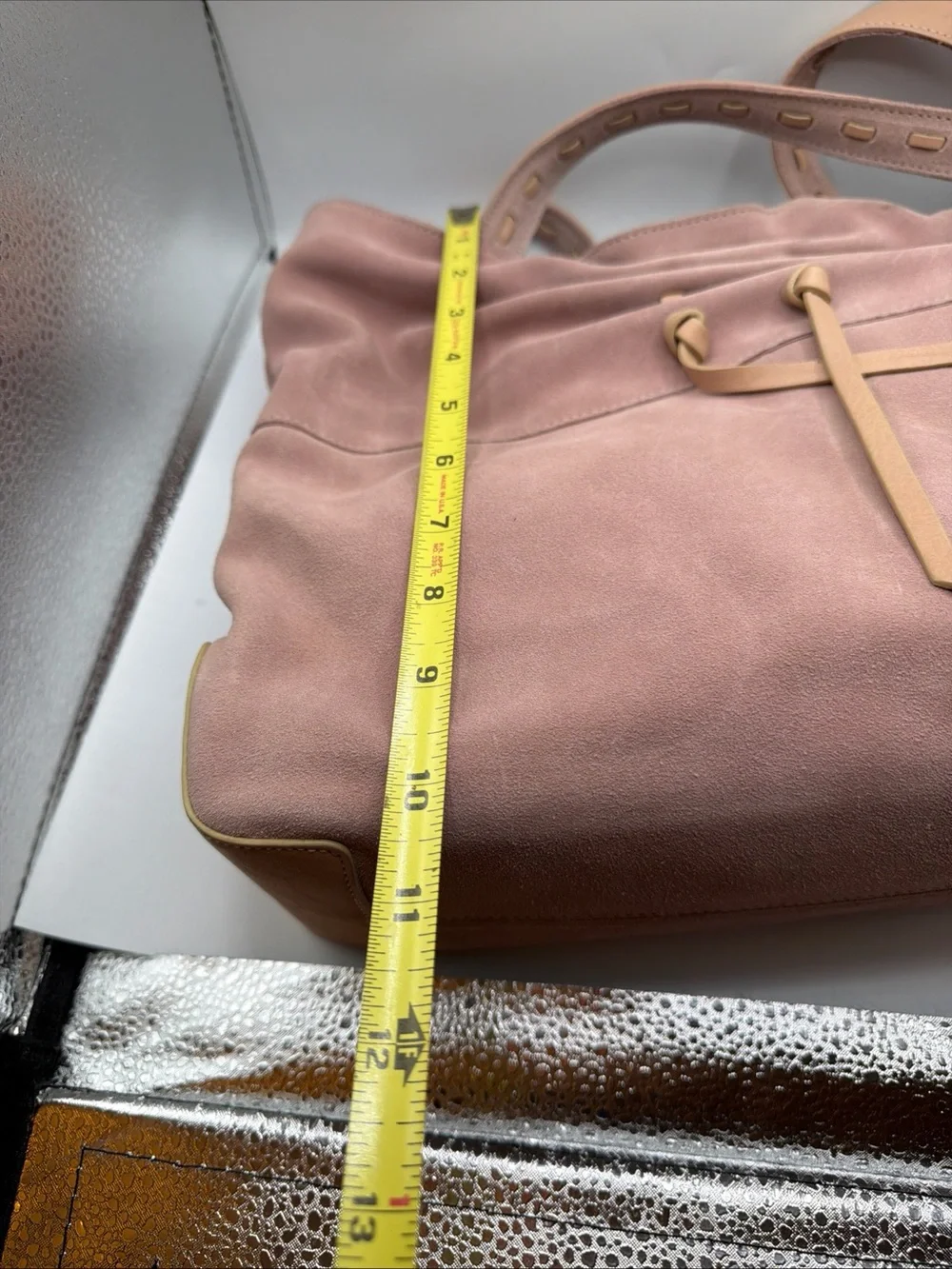 J Jill Suede Drawstring Shoulder Bag Taupe Pink Leather Trim Hobo Tote NWT